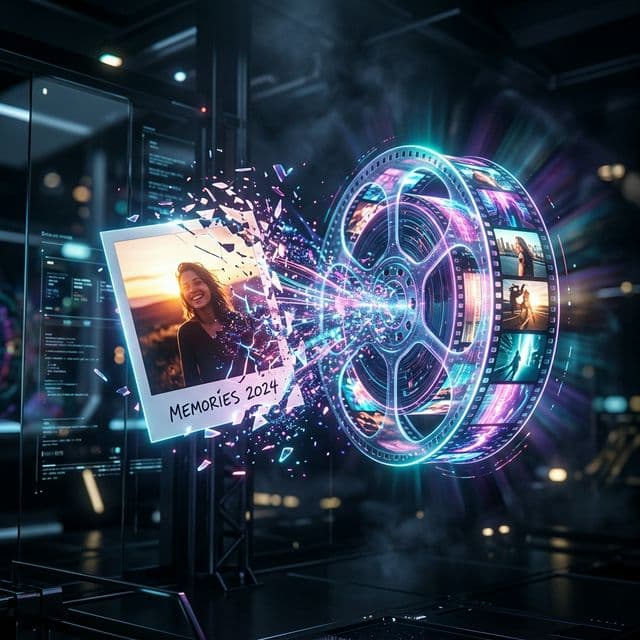 A glowing polaroid photograph breaking apart into a futuristic 3D holographic video film reel